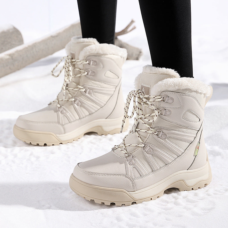Damen Winterstiefel wasserdicht mit Plüschfutter | Warme gefütterte Schneestiefel mit rutschfester Sohle und Schnürung für Winter und Outdoor