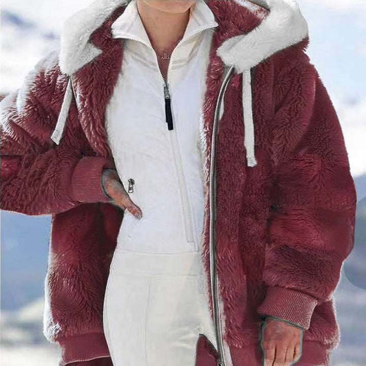 Damen Fleecejacke mit Kapuze | Warme Jacke mit doppelseitigem Teddyfutter, Oversize-Passform und Reißverschluss