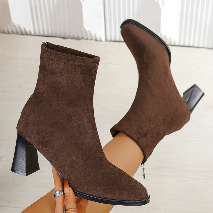Damen Wildleder-Stiefeletten mit Blockabsatz | Elegante Ankle Boots mit seitlichem Innenreißverschluss für Alltag, Büro und Abendanlässe