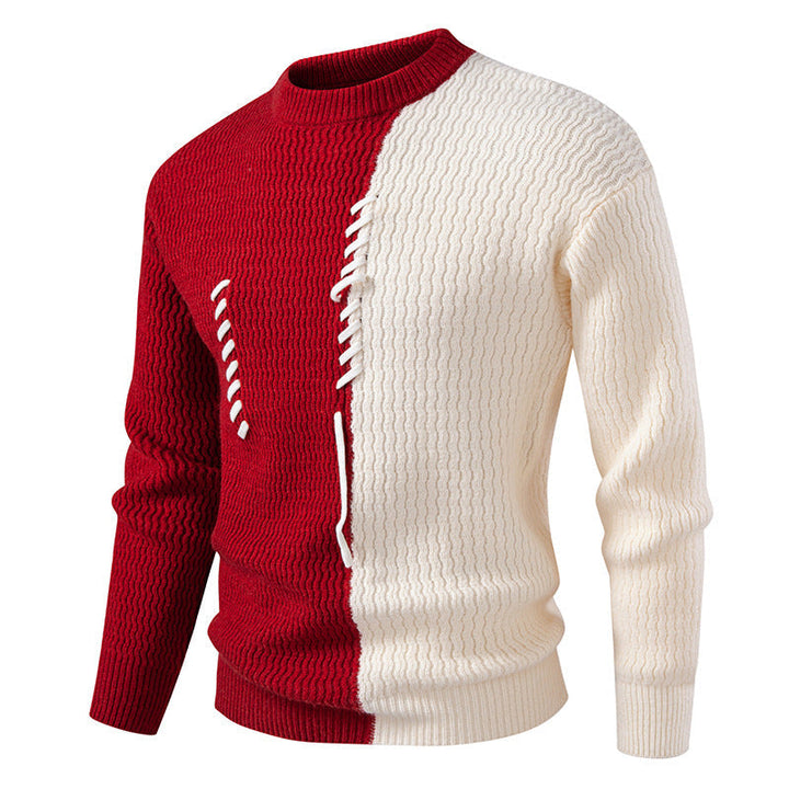 Herren Strickpullover mit Zierband und Strukturmuster | Warmer Rundhalspullover mit zweigeteilter Strickoptik und gerader Passform