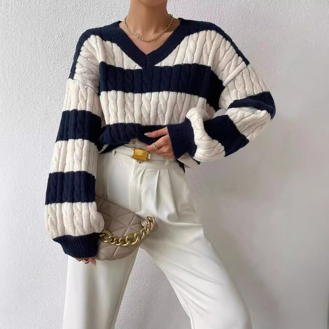 Damen Grobstrickpullover | Gestreifter Oversize-Pullover mit Zopfmuster, tiefem V-Ausschnitt und Ballonärmeln für Alltag und Freizeit