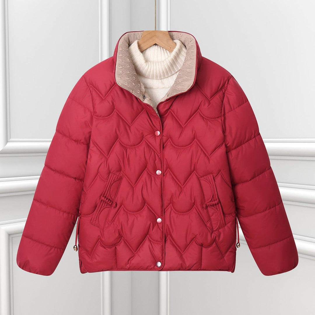 Damen Steppjacke mit Bogensteppung | Kurze Pufferjacke mit Druckknopfverschluss, hohem Stehkragen und verstellbaren Kordelzügen