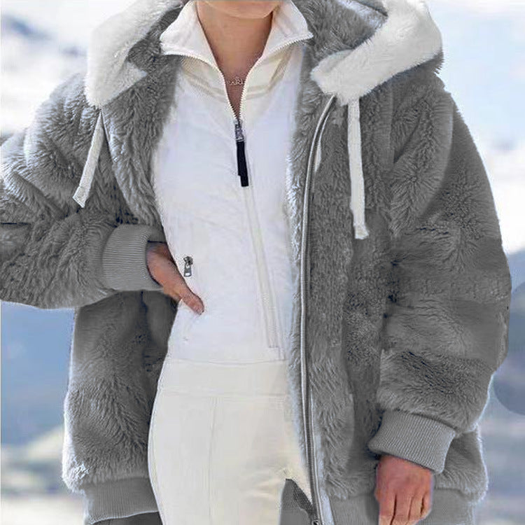 Damen Fleecejacke mit Kapuze | Warme Jacke mit doppelseitigem Teddyfutter, Oversize-Passform und Reißverschluss
