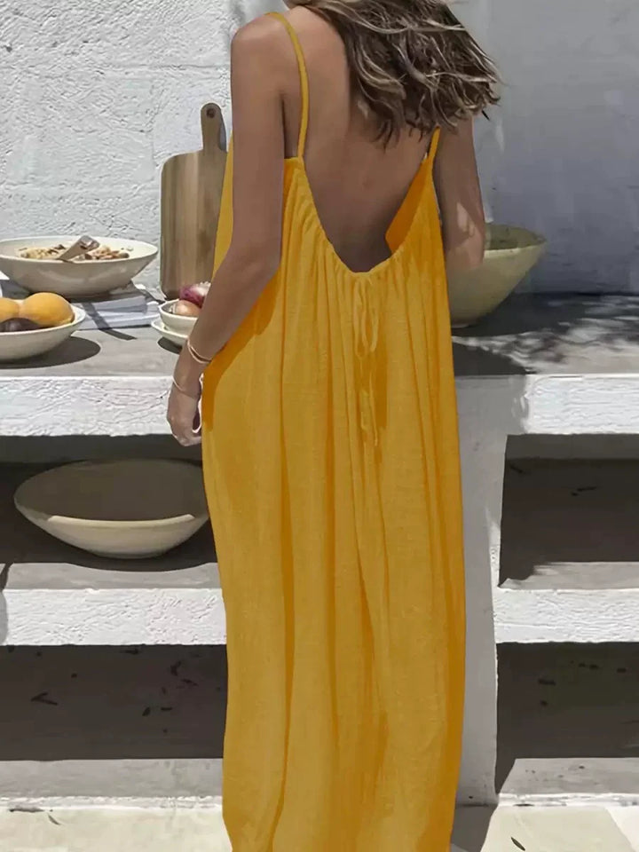 Abito cami donna senza schienale in misto cotone | Spalline sottili e vestibilità ampia | Abito estivo per vacanze e appuntamenti
