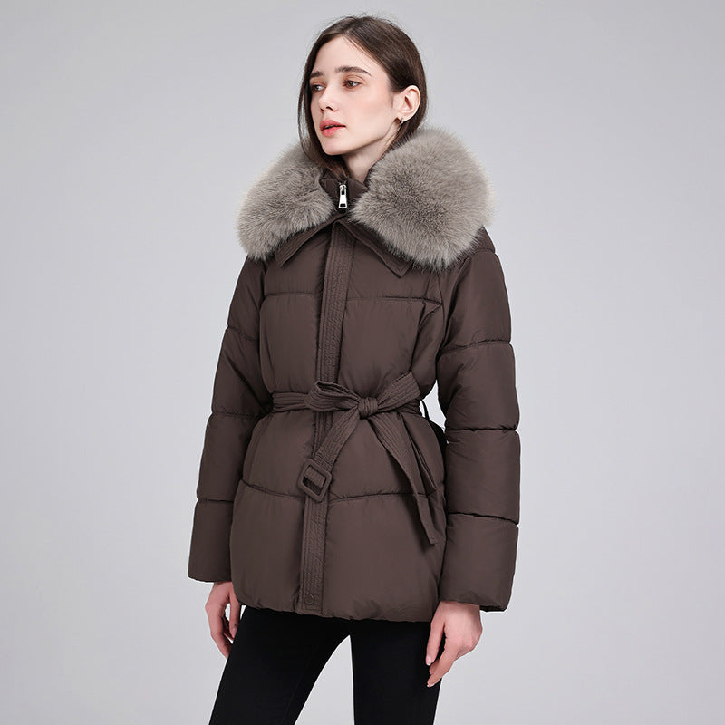 Damen Wintermantel lang mit Thermofüllung | Wasserabweisend, mit abnehmbarem Webpelzkragen, Taillengürtel und Taschen