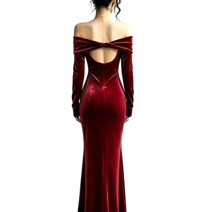 Damen Abendkleid | Bodenlanges Samtkleid mit Carmenausschnitt, tiefem Rückenausschnitt und figurbetonter Passform für festliche Anlässe
