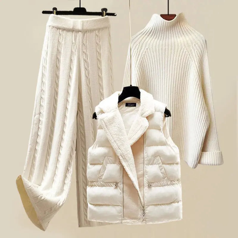 Damen Strick Set 3-teilig | Elegantes Winter Outfit mit Rollkragenpullover, Weste &amp; High-Waist-Hose
