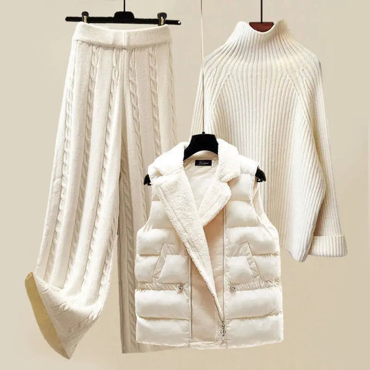 Damen Strick Set 3-teilig | Elegantes Winter Outfit mit Rollkragenpullover, Weste &amp; High-Waist-Hose