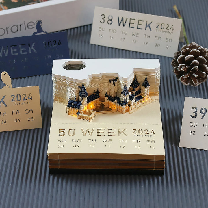 3D Notizblock mit Leuchteffekt | Handgefertigter Papierkunst Kalender mit Schloss-Motiv | Kreatives Schreibtisch-Dekor &amp; Geschenk