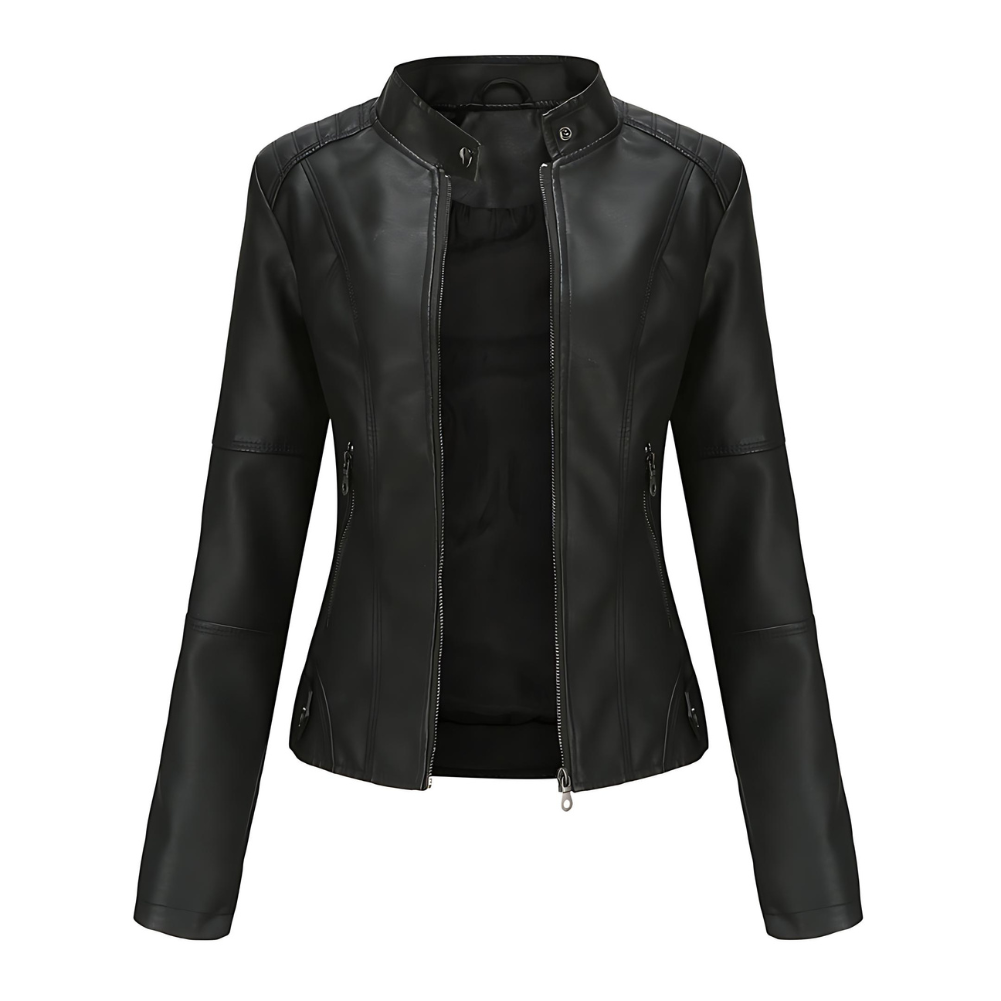 Damen Lederjacke | Taillierte Übergangsjacke mit Reißverschluss, Druckknopfkragen und praktischen Taschen