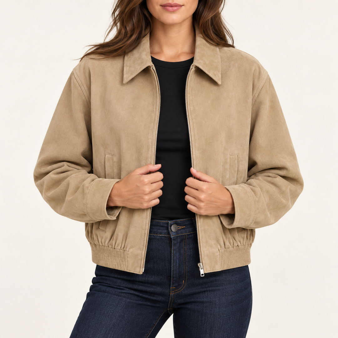 Damen Bomberjacke aus Wildlederimitat in Beige | Kurze Jacke mit lockerer Passform, Reißverschluss und Seitentaschen für Alltag und Freizeit
