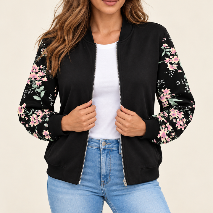 Damen Bomberjacke mit Blumenmuster und Reißverschluss | Leichte Frühlingsjacke mit Baseballkragen und femininem Schnitt für Alltag und Büro