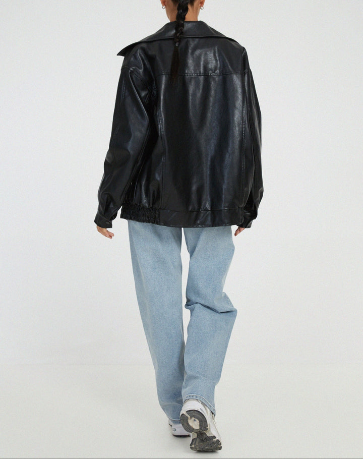 Damen Oversize Lederjacke im Vintage-Stil | Lässige Jacke mit überschnittenen Schultern und weicher Innenseite für Alltag