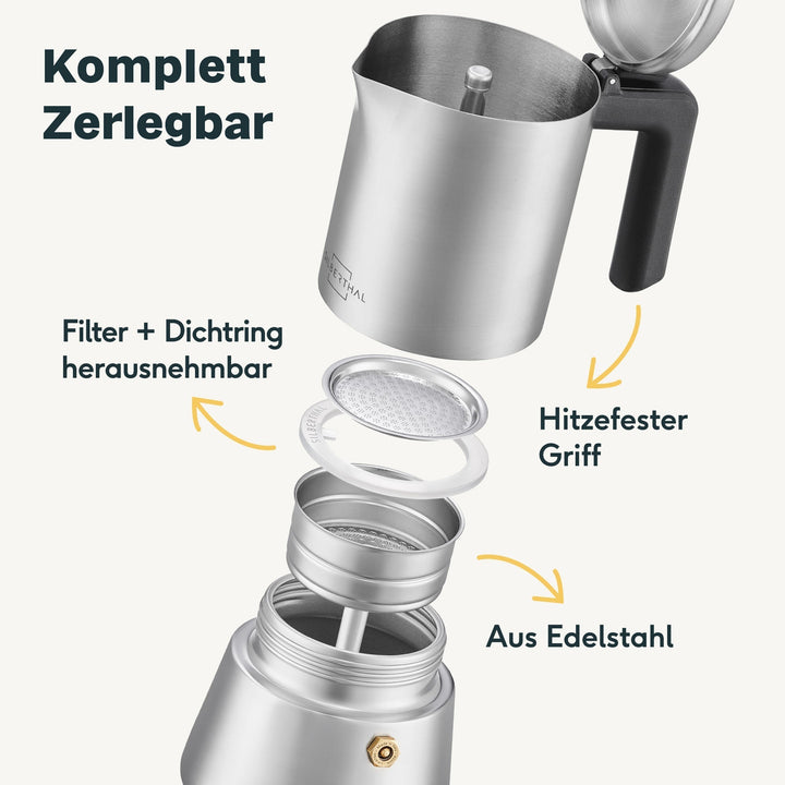 Espressokocher-Set | 3-teilig mit manueller Kaffeemühle, Milchaufschäumer und Zubehör für bis zu 6 Tassen