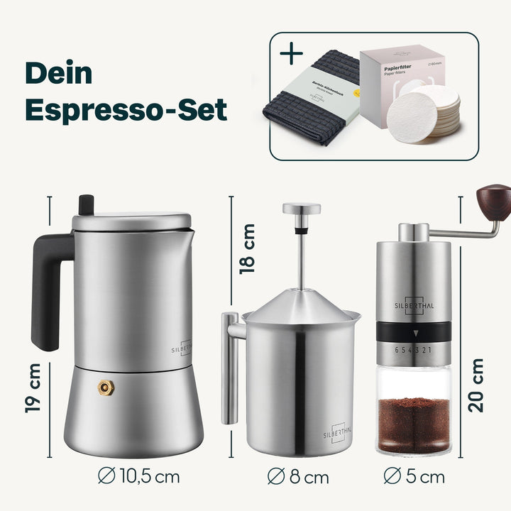 Espressokocher-Set | 3-teilig mit manueller Kaffeemühle, Milchaufschäumer und Zubehör für bis zu 6 Tassen