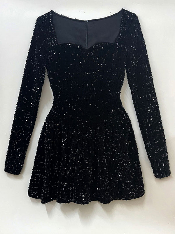Damen Paillettenkleid mit Herz-Ausschnitt | Festliches Cocktailkleid mit langen Ärmeln, tiefer Taille und ausgestelltem Rock