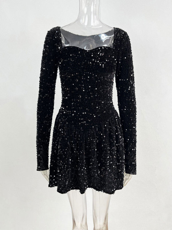 Damen Paillettenkleid mit Herz-Ausschnitt | Festliches Cocktailkleid mit langen Ärmeln, tiefer Taille und ausgestelltem Rock