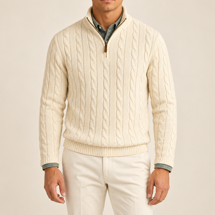 Herren Strickpullover mit Zopfmuster und Stehkragen | Warmer Pullover mit kurzem Reißverschluss, gerippten Bündchen und geradem Schnitt
