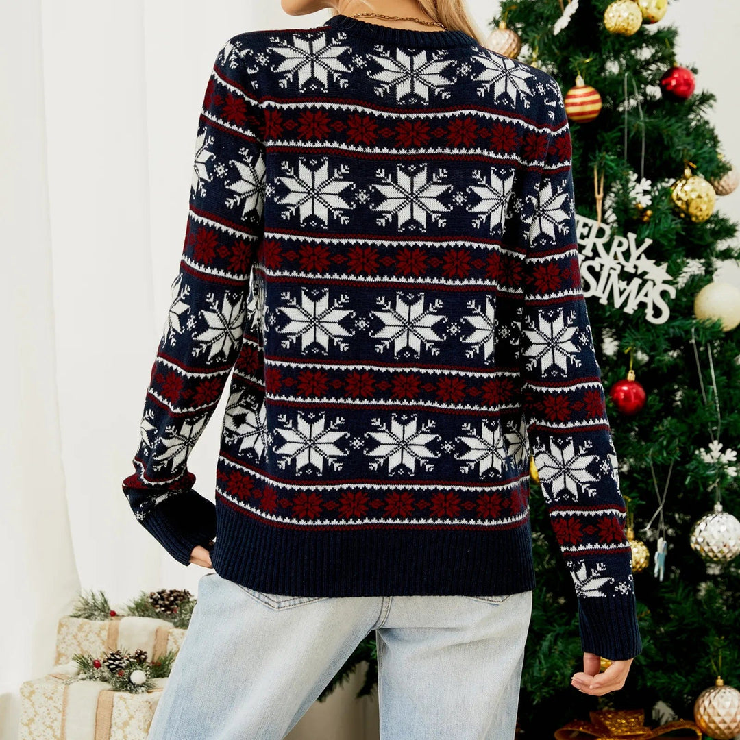 Damen Weihnachtspullover mit Fair-Isle-Muster | Mehrfarbiger Strickpullover mit Rundhalsausschnitt, langen Ärmeln und lockerer Passform
