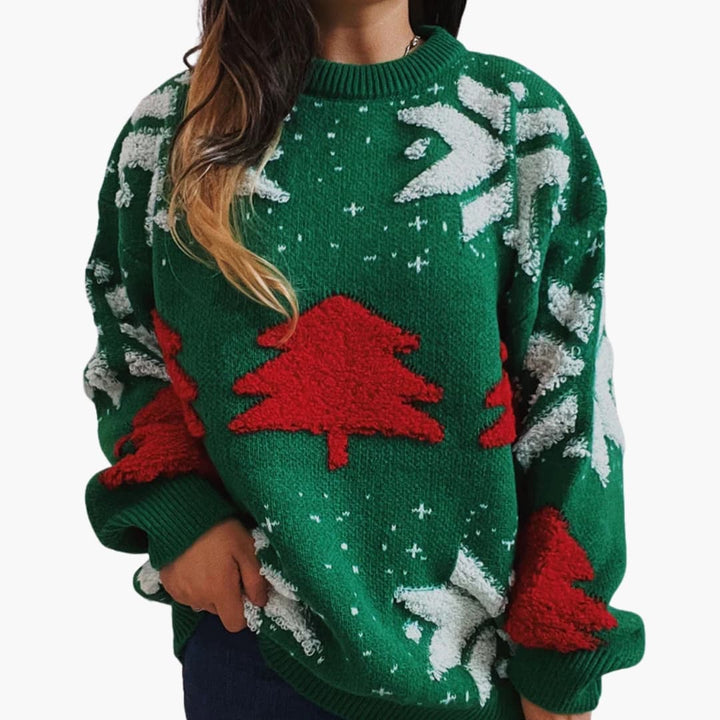 Damen Weihnachtspullover mit Weihnachtsbaum | Festlicher Strickpullover mit Schneeflocken, Ballonärmeln und Rundhalsausschnitt