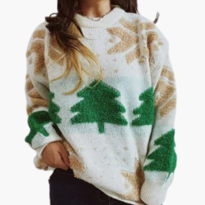 Damen Weihnachtspullover mit Weihnachtsbaum | Festlicher Strickpullover mit Schneeflocken, Ballonärmeln und Rundhalsausschnitt