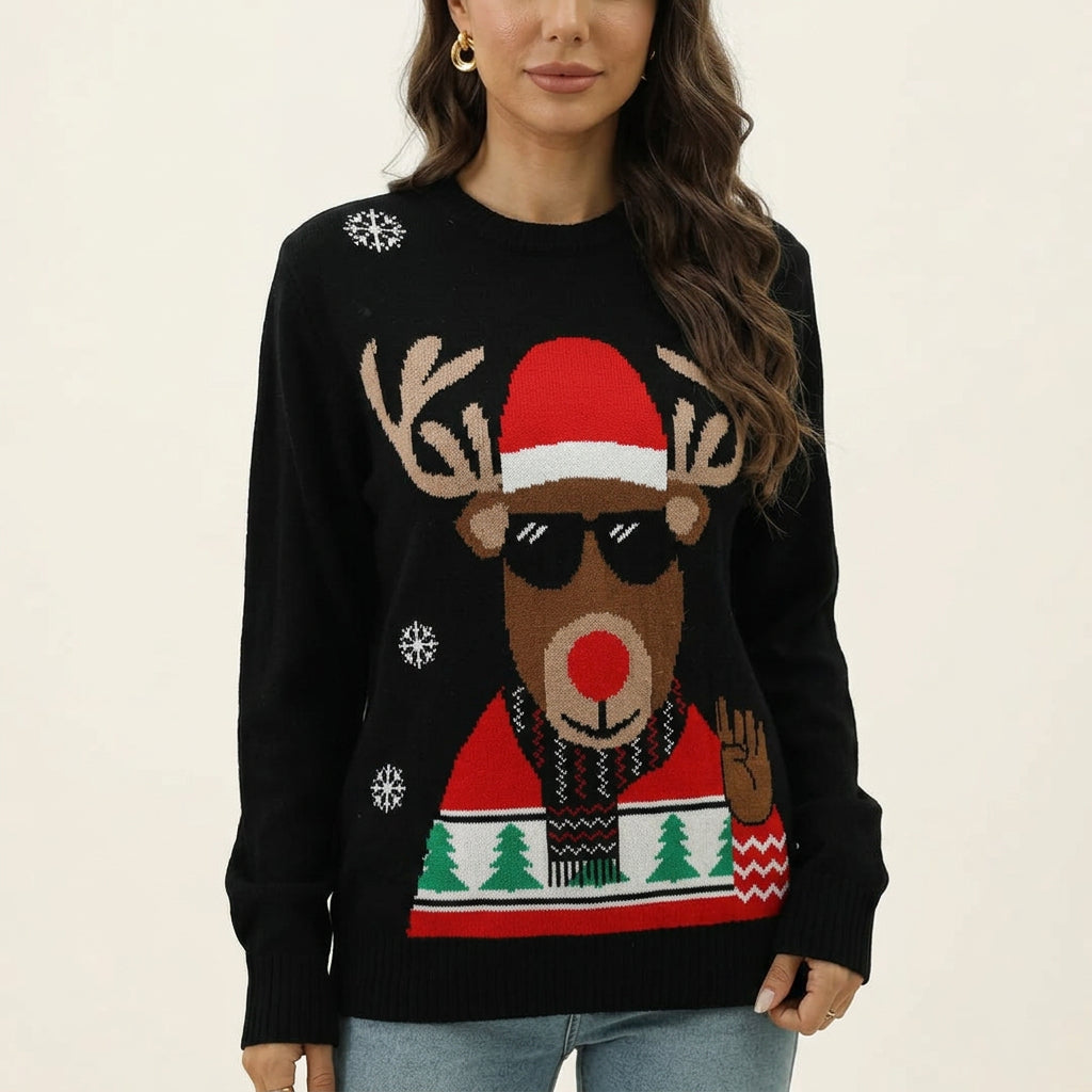 Damen Weihnachtspullover mit Rentiermuster | Gestrickter Winterpullover mit Rundhalsausschnitt und langen Ärmeln für Weihnachten
