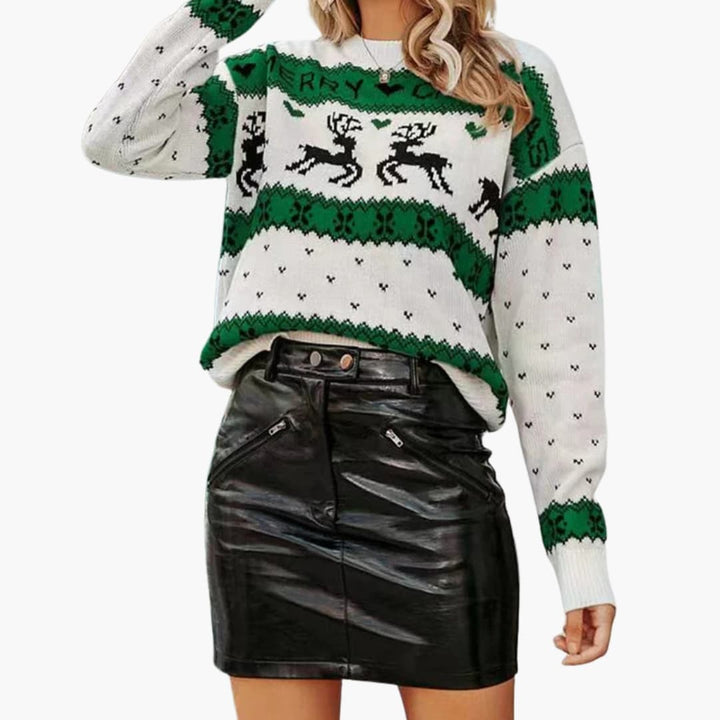 Damen Weihnachtspullover mit Rentiermotiven | Festlicher Strickpullover mit Rundhalsausschnitt, langen Ärmeln und gerippten Bündchen