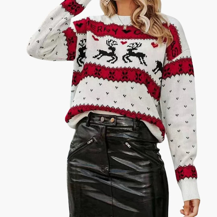 Damen Weihnachtspullover mit Rentiermotiven | Festlicher Strickpullover mit Rundhalsausschnitt, langen Ärmeln und gerippten Bündchen