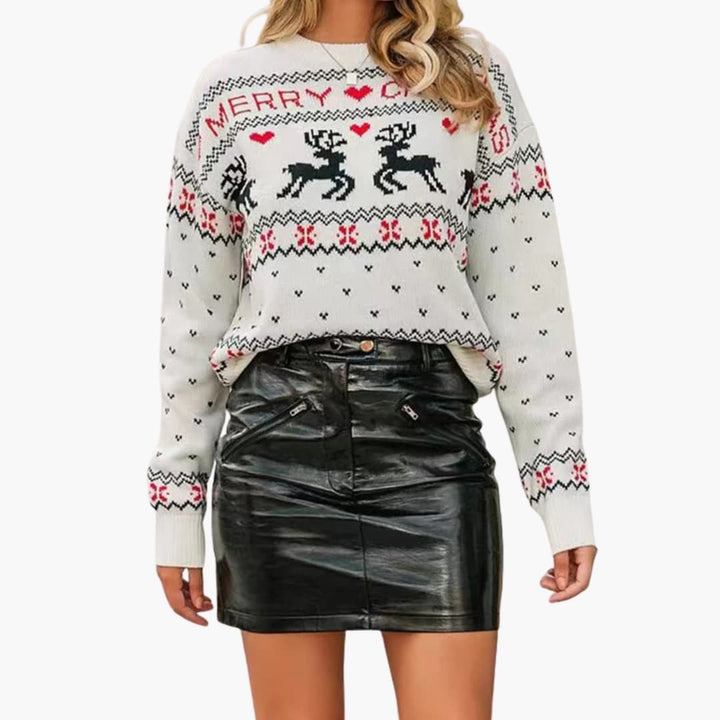 Damen Weihnachtspullover mit Rentiermotiven | Festlicher Strickpullover mit Rundhalsausschnitt, langen Ärmeln und gerippten Bündchen