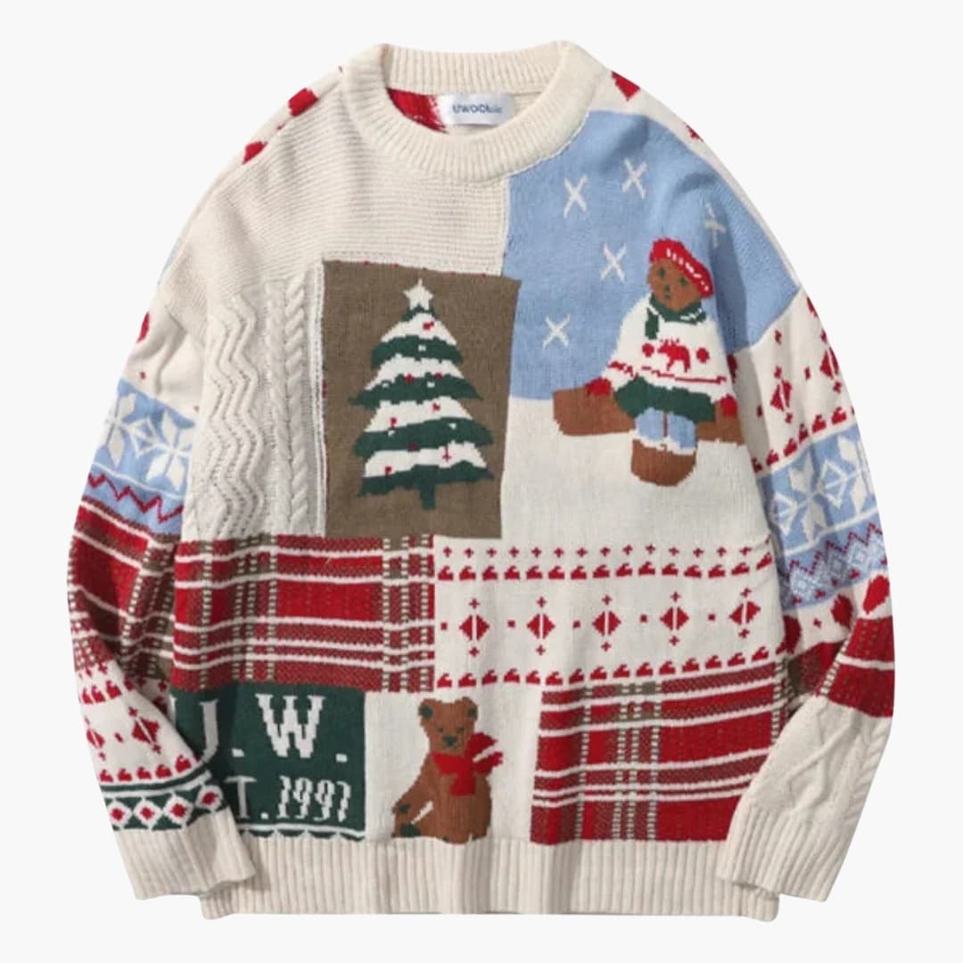 Unisex Weihnachtspullover mit Strickmuster | Festlicher Winterpullover für Damen und Herren mit Rundhalsausschnitt und langen Ärmeln
