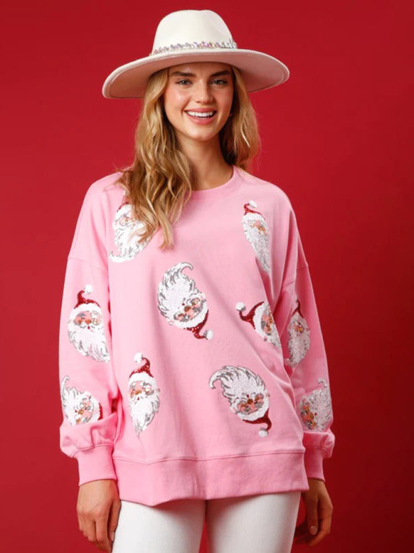 Damen Weihnachtspullover mit Pailletten | Festliches Oberteil mit Weihnachtsmannmotiv, Patchwork-Verzierung und bequemer Passform