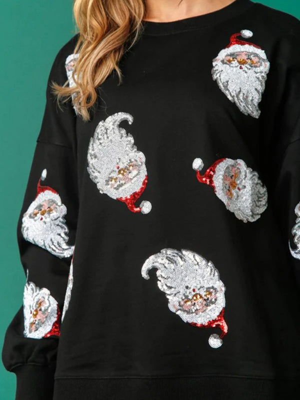 Damen Weihnachtspullover mit Pailletten | Festliches Oberteil mit Weihnachtsmannmotiv, Patchwork-Verzierung und bequemer Passform