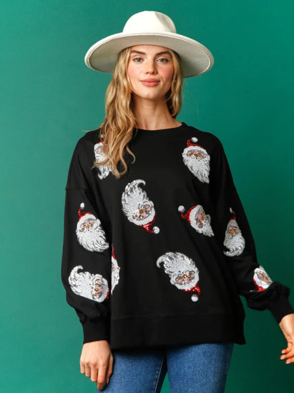 Damen Weihnachtspullover mit Pailletten | Festliches Oberteil mit Weihnachtsmannmotiv, Patchwork-Verzierung und bequemer Passform