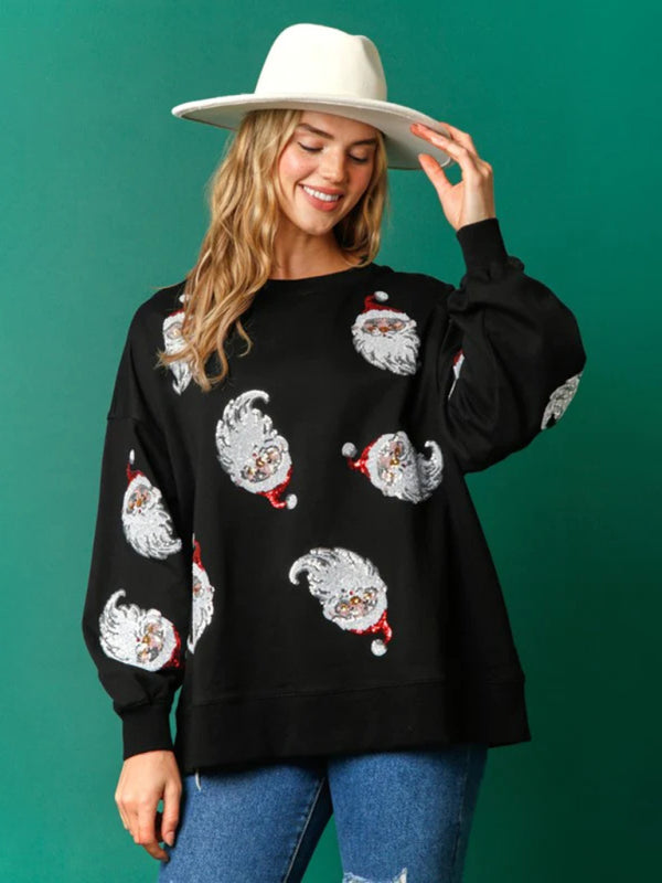 Damen Weihnachtspullover mit Pailletten | Festliches Oberteil mit Weihnachtsmannmotiv, Patchwork-Verzierung und bequemer Passform