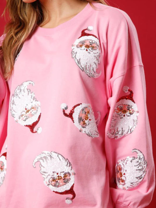 Damen Weihnachtspullover mit Pailletten | Festliches Oberteil mit Weihnachtsmannmotiv, Patchwork-Verzierung und bequemer Passform