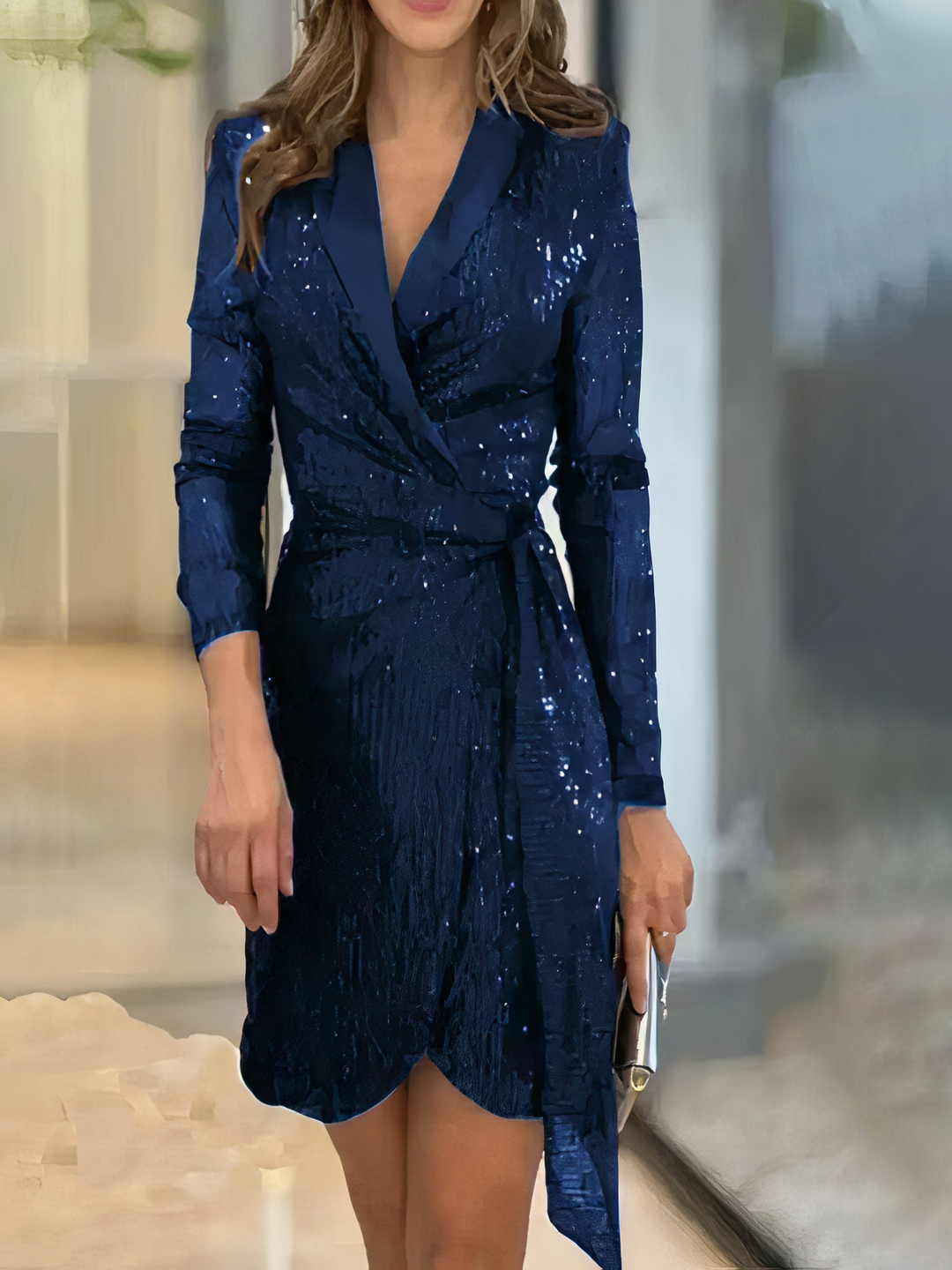 Damen Pailletten-Wickelkleid mit V-Ausschnitt | Glitzerndes Partykleid mit langen Ärmeln, verstellbarer Passform und Wickeloptik