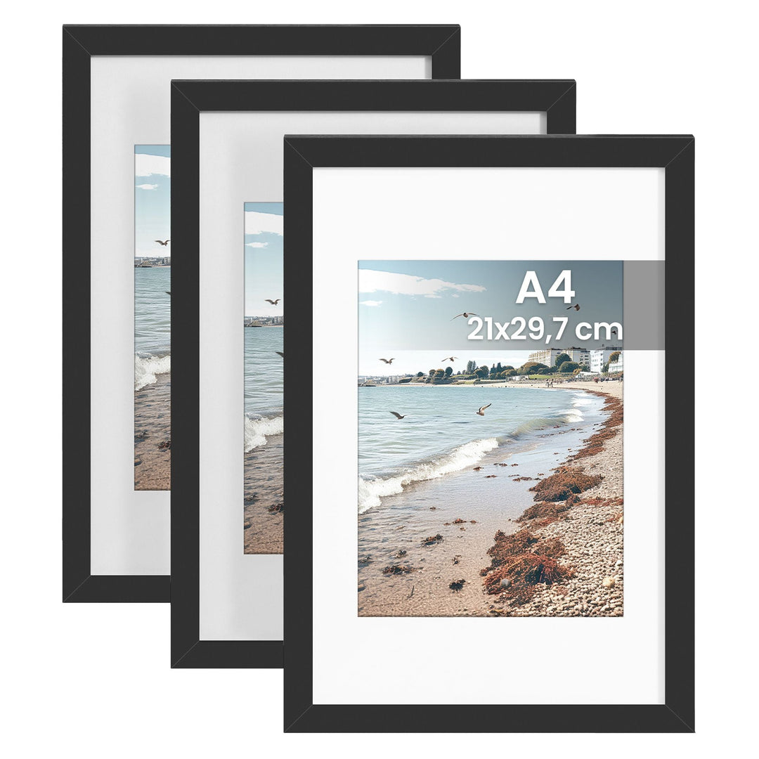 Bilderrahmen A4 im 3er Set aus PVC | Schwarze Fotorahmen zum Aufhängen und Aufstellen | Mit Wandhaken für Fotos und Kunstdrucke