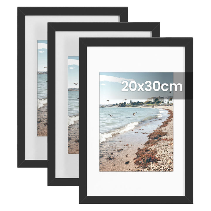 Bilderrahmen A4 im 3er Set aus PVC | Schwarze Fotorahmen zum Aufhängen und Aufstellen | Mit Wandhaken für Fotos und Kunstdrucke