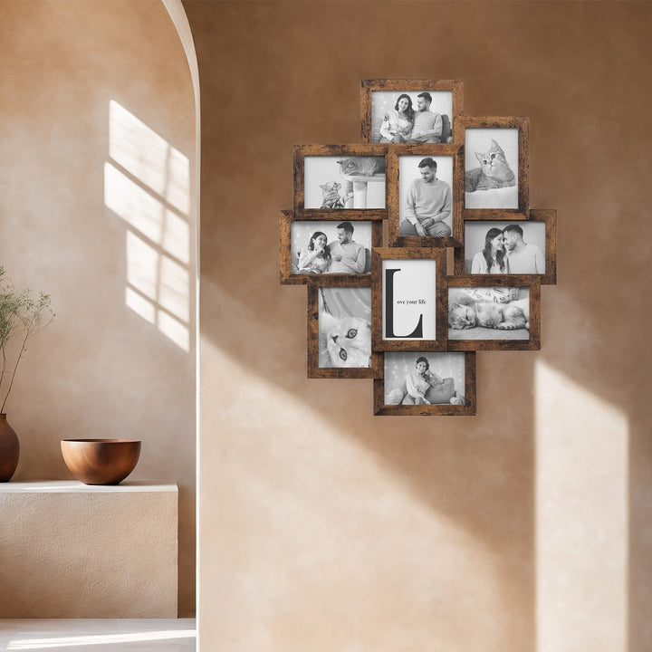 Bilderrahmen Collage für 10 Fotos | Vintagebrauner Mehrfach-Bilderrahmen mit drehbaren Clips | Wanddekoration für Erinnerungsfotos