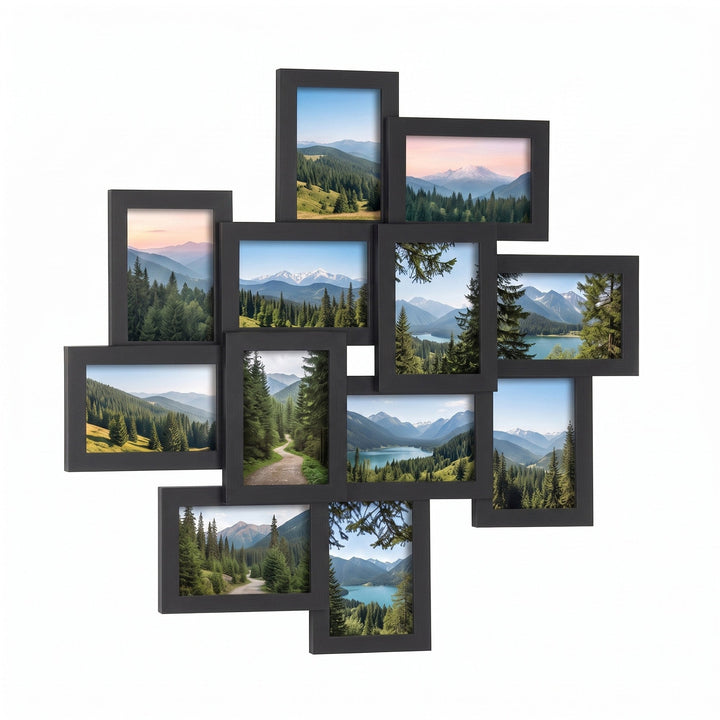 Bilderrahmen Collage für 12 Fotos | Mehrfach-Fotorahmen aus MDF mit Glasabdeckung und drehbaren Clips | Fotogalerie für die Wand