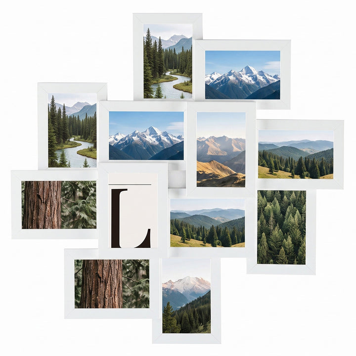 Bilderrahmen Collage für 12 Fotos | Mehrfach-Fotorahmen aus MDF mit Glasabdeckung und drehbaren Clips | Fotogalerie für die Wand