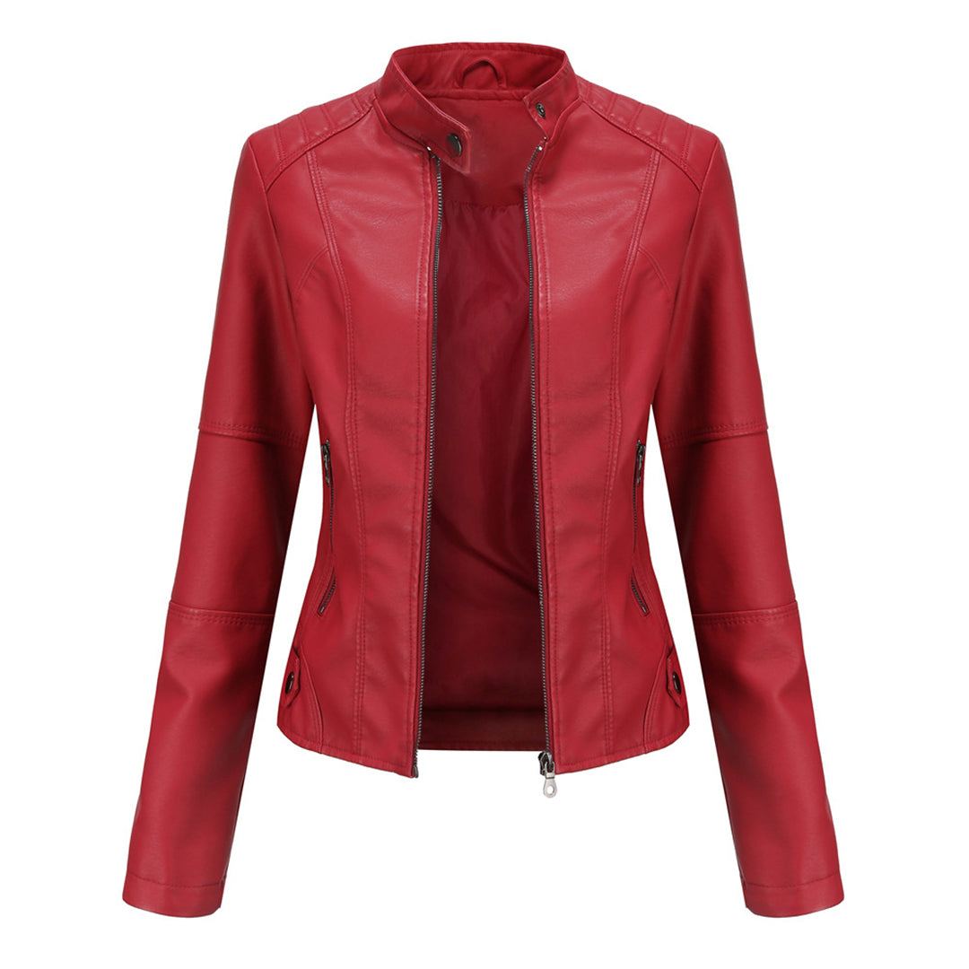 Damen Lederjacke | Taillierte Übergangsjacke mit Reißverschluss, Druckknopfkragen und praktischen Taschen