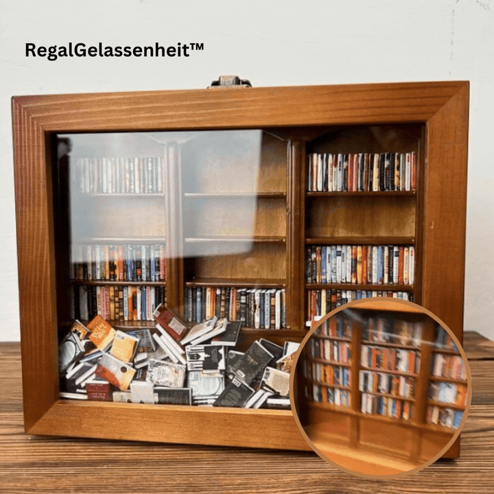 Miniature Wooden Bookshelf with Folded Mini Books | Handmade, Openable &amp; Reorganizable | Relaxing Gift for Book Lovers | 25×20×8 cm