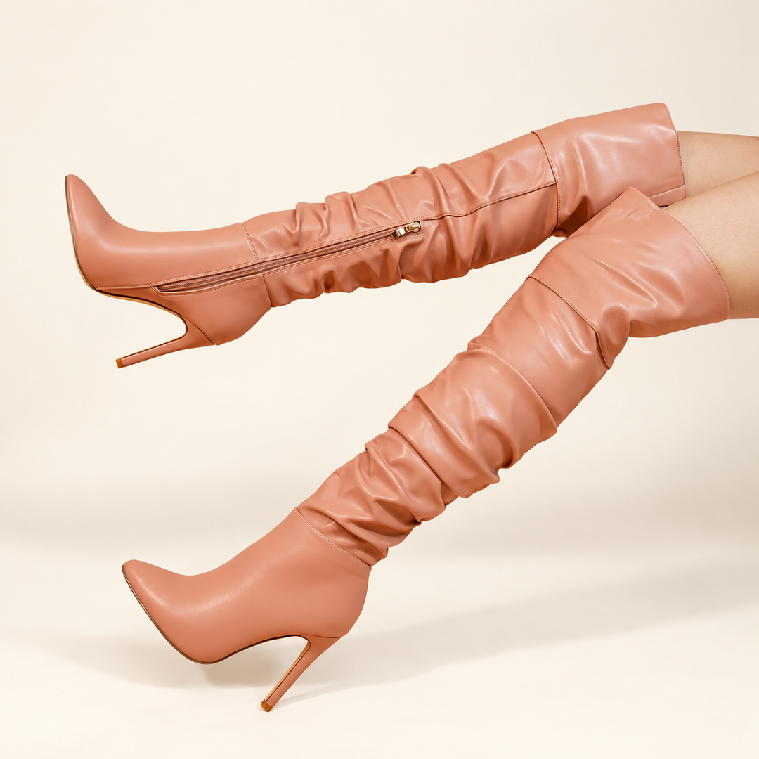 Damen Overknee Stiefel | Hohe Stiefel mit spitzer Schuhspitze, hohem Absatz und seitlichem Reißverschluss für elegante Outfits