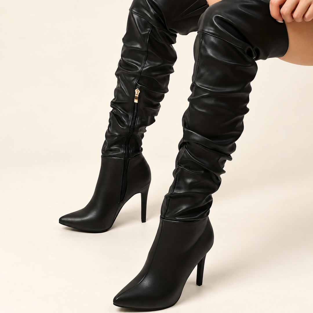 Damen Overknee Stiefel | Hohe Stiefel mit spitzer Schuhspitze, hohem Absatz und seitlichem Reißverschluss für elegante Outfits