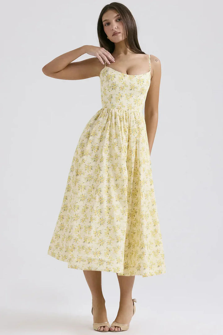 Robe midi élégante en mélange de lin | Corsage cintré &amp; jupe fluide | Bretelles réglables avec poches latérales