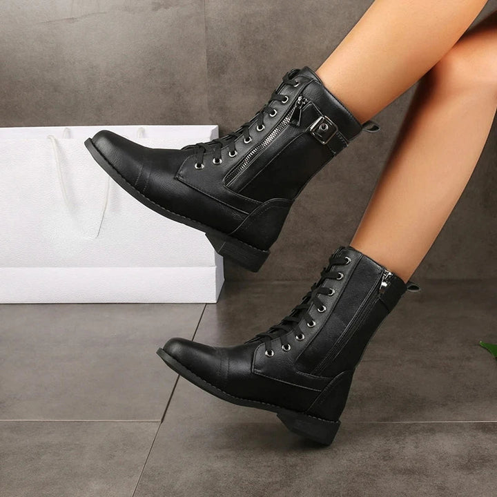 Damen Lederstiefel mit Schnürung und Reißverschluss | Mittelhohe Schnürstiefel mit robuster Laufsohle für Alltag und Freizeit