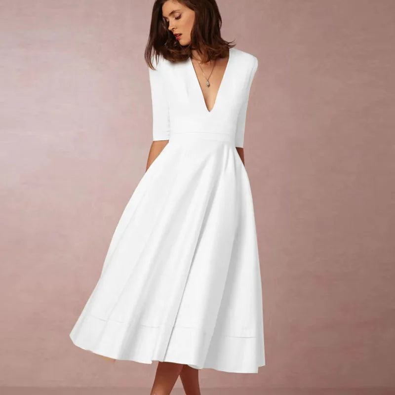 Damen A-Linien-Midikleid | Elegantes Kleid mit V-Ausschnitt und 3/4-Ärmeln