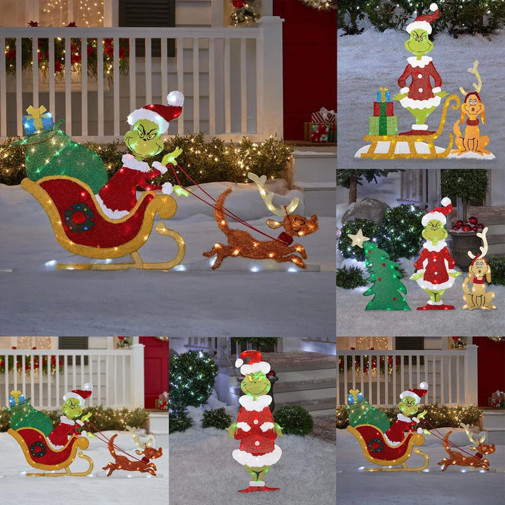 Grinch Weihnachtsdeko mit LED für den Garten | Wetterfeste Weihnachtsfigur mit Erdspießen aus Kunststoff und Stoff