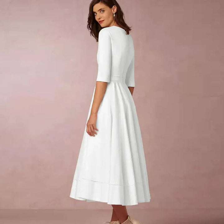 Damen A-Linien-Midikleid | Elegantes Kleid mit V-Ausschnitt und 3/4-Ärmeln